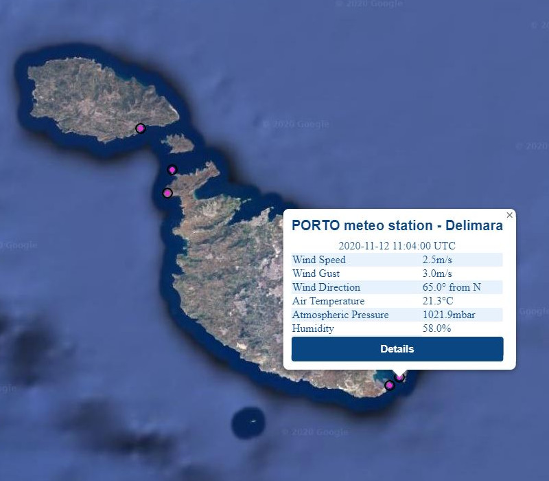 Realtime data from Delimara meteo station as 
                                                displayed on the PORTO online interface