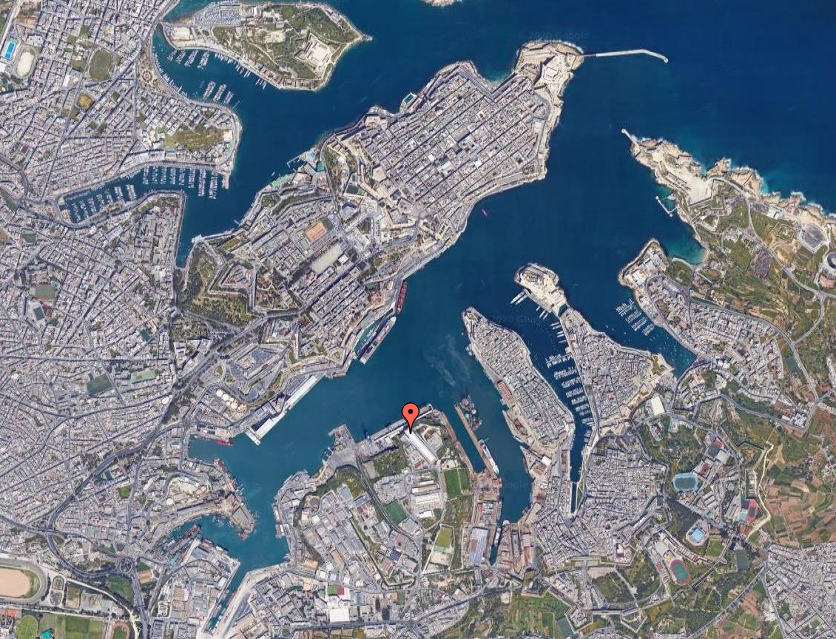 The red marker shows the position of the 
                                                meteo station within the Grand Harbour.