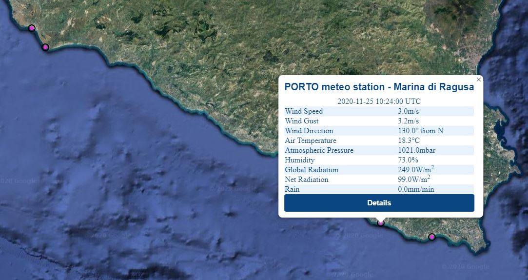 Realtime data from Ragusa meteo station as displayed 
                                                        on the PORTO online interface
