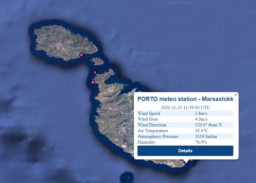 Realtime data from Marsaxlokk meteo station as 
                                                displayed on the PORTO online interface