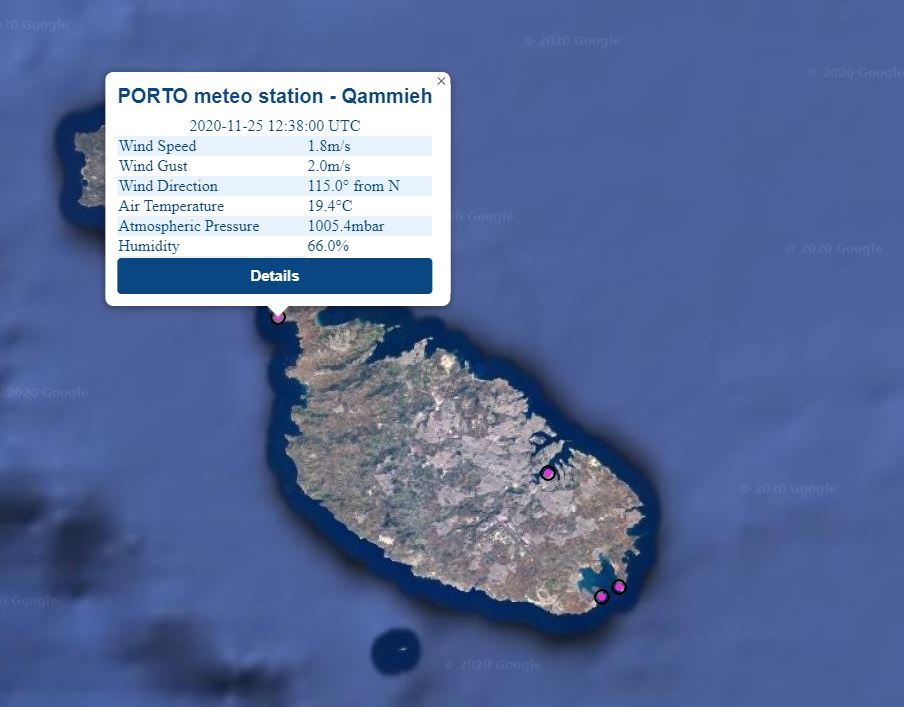 Realtime data from Qammieħ meteo station as 
                                                displayed on the PORTO online interface